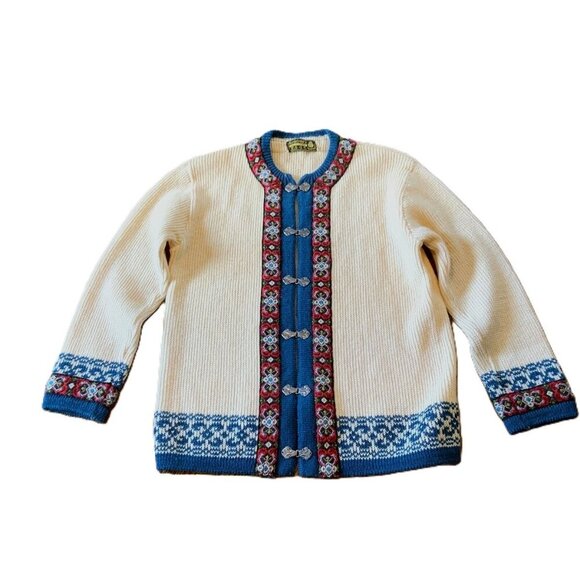 VTG 80s Nordstrikk Blue Cream Wool Fair Isle Nordic Keltic Pewter Clasp Sweater - Picture 1 of 10